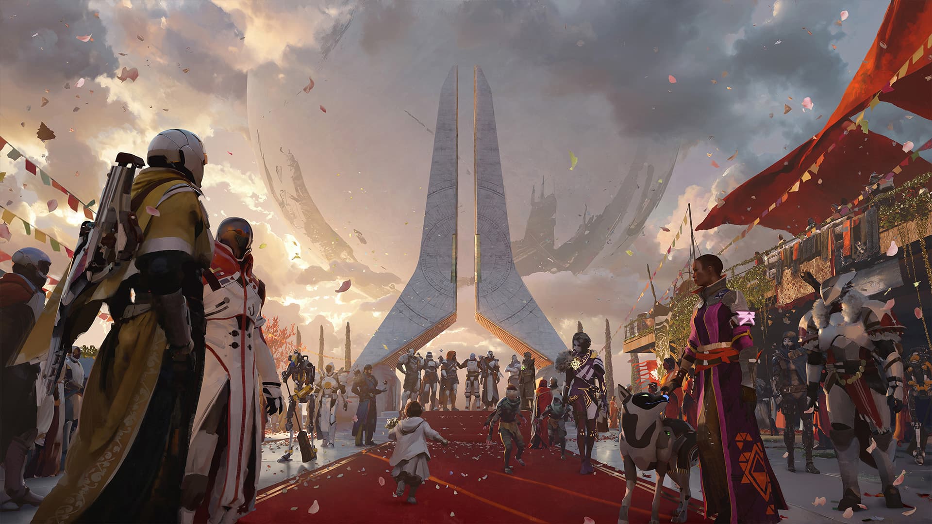 A picture of the Destiny 2 Tower, with a large Monument and inhabitants of the Last City celebrating.